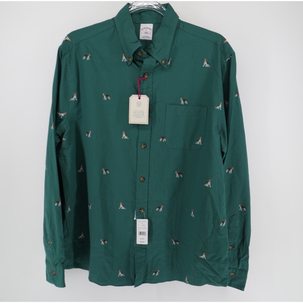 Brooks Brothers The Friday Shirt Mens Medium Green Beagle Dog Embroidered NEW